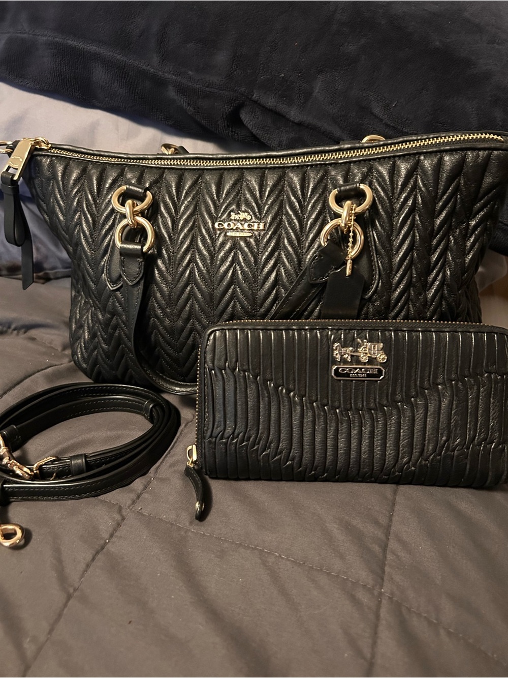 Coach Ally Black Quilted Leather Shoulder Bag with Matching Wallet and Strap